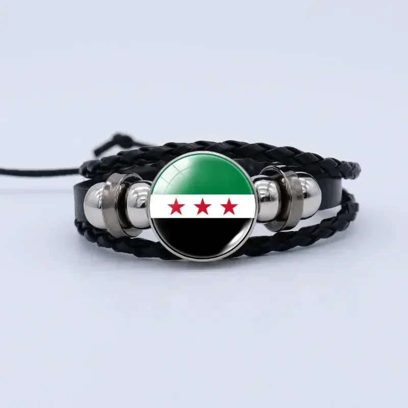 Syria Three Stars Flag Pu Leather Gemstone Bracelet Length Adjustable Men Women Kids Black Hand Rope National Flag Wristband