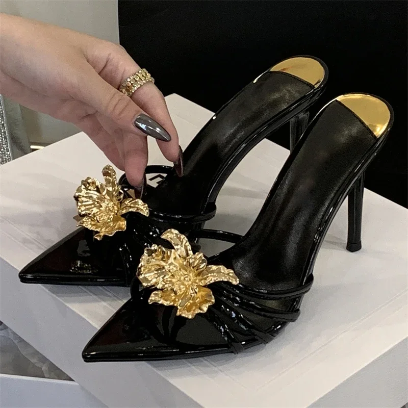 

Aneikeh Sexy Sequin Flower Decoration Slippers Mules High Heels Gladiator Sandals Women Thin Band Peep Toe Party Slides Shoes