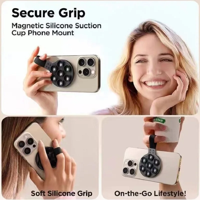 Magnetic Suction Cup Phone Mount Hands-Free Mirror Shower Silicone Suction Phone Case Grip Stand Holder for iPhone 15 14 13 Pro