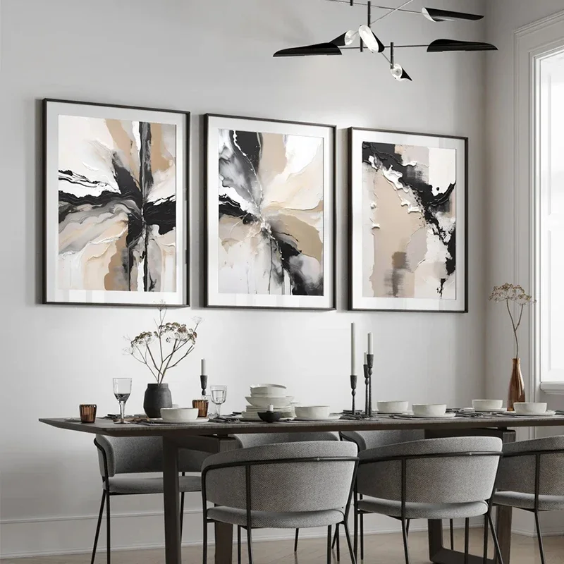 Multiple sizes 1pc frameless Canvas Painting,Geometric Abstract Art Black Neutral Beige Canvas Painting Living Room Wall Art Pos