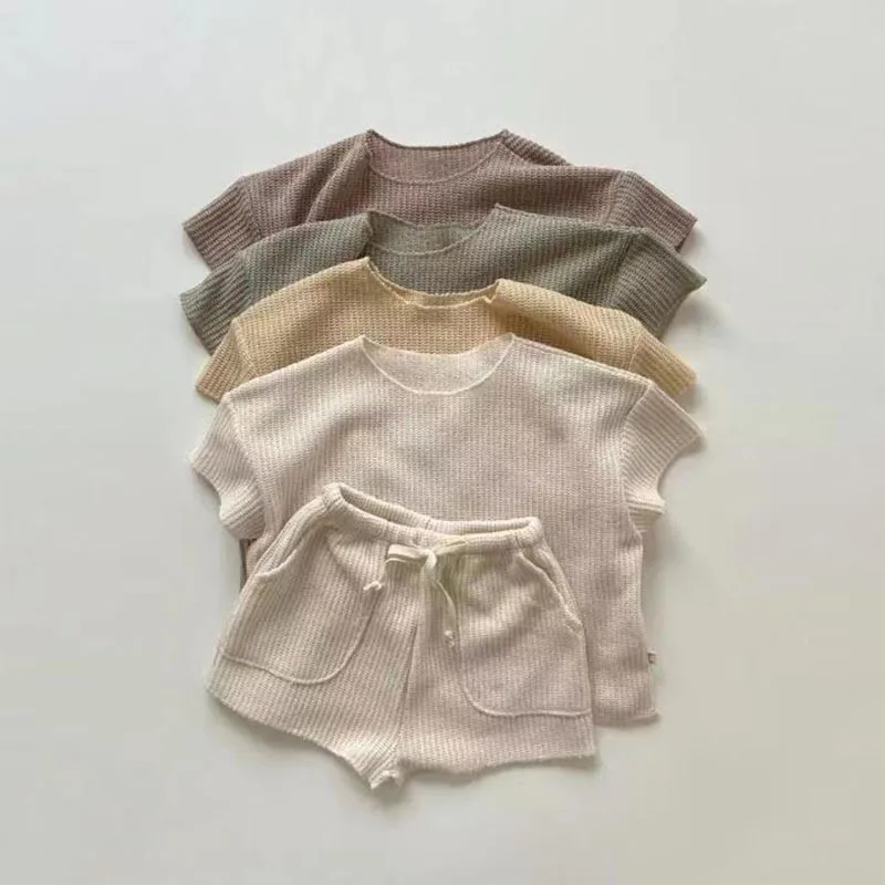 2026 New Summer Kids Boys Solid Tshirt Soft Pullover Short Sleeves Top Baby Shorts For Girls Toddler Simple Loose Homewear Set
