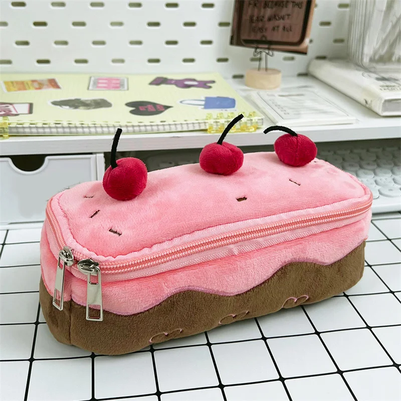 Lovely Sweet Plush Cherry Cake Pencil Case Pencil Pouch Large Capacity School Supplies Pen Bag And Stationery Box