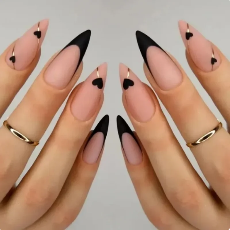 Long French Heart Gold Thread Nails with 1 Jelly Glue and 1 Nail File Press On Nails Black Coffee Almond Nails 15 Sizes Pre-app
