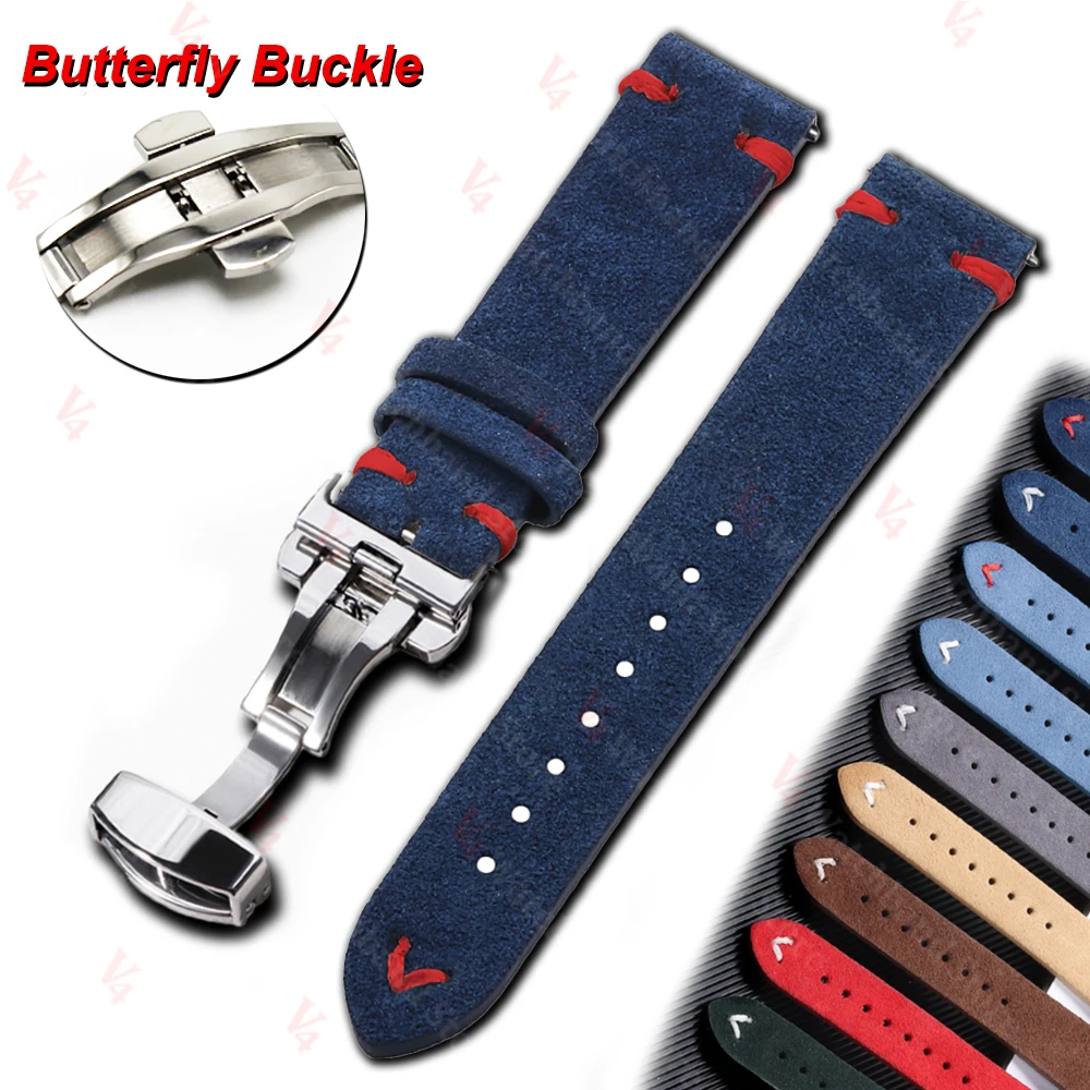 Correa de reloj de piel de vaca de gamuza suave de 18mm, 20mm y 22mm para Huawei GT2/3, Seiko, Omega, pulsera Vintage de liberación rápida, cierre plegable