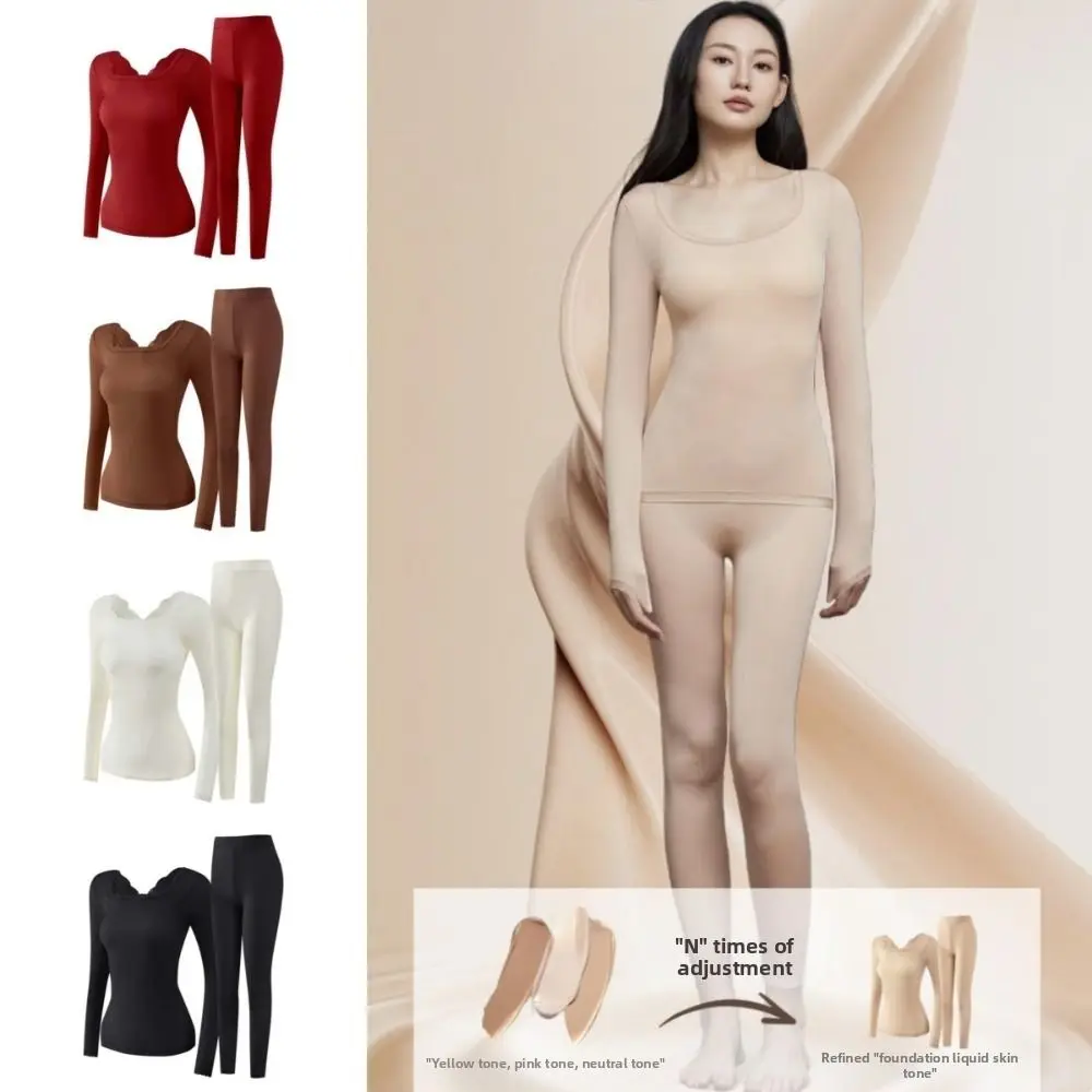 Tops and Pants Women Thermal Clothes Lace V Neck Ultra-thin Invisible Thermal Underwear Double-sided Large Size