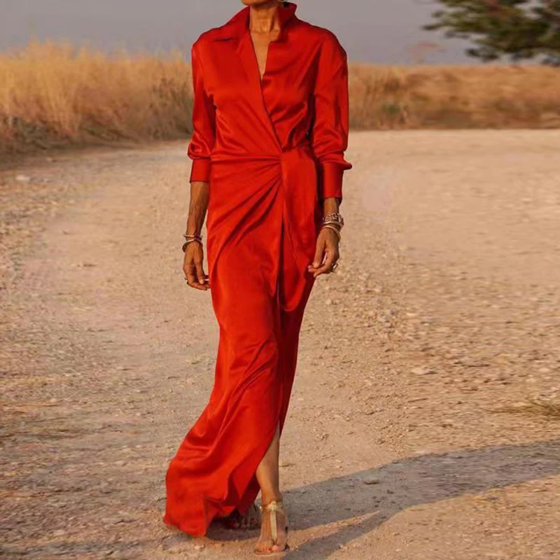 

Платье-Макси женское с отложным воротником и завышенной талией