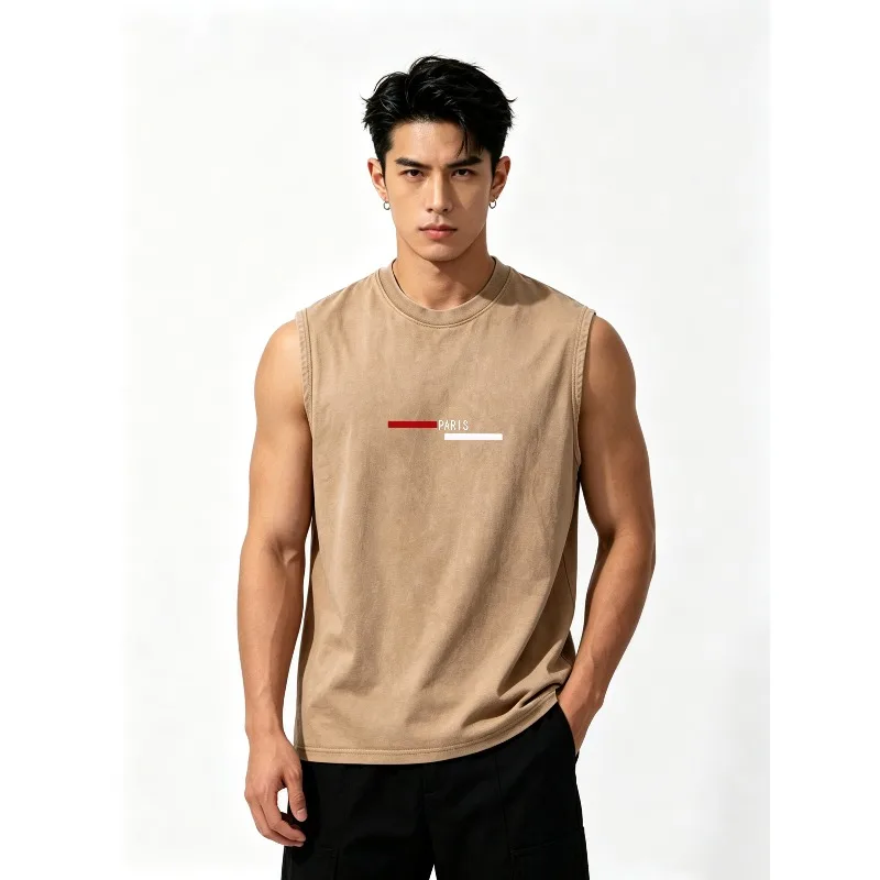 Men Washed Sleeveless Tank Minimal Line Letter Print Soft Cotton Loose Top Male Summer Running Basketball Gym Strely