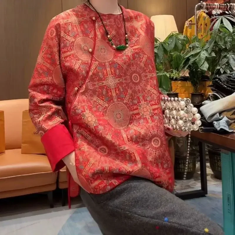 2025 New Spring Printing Shirt Women Chinese Style Retro Slanted Collar Long Sleeve Womens Blouse Versatile Thin Soft Tops - Detail 1