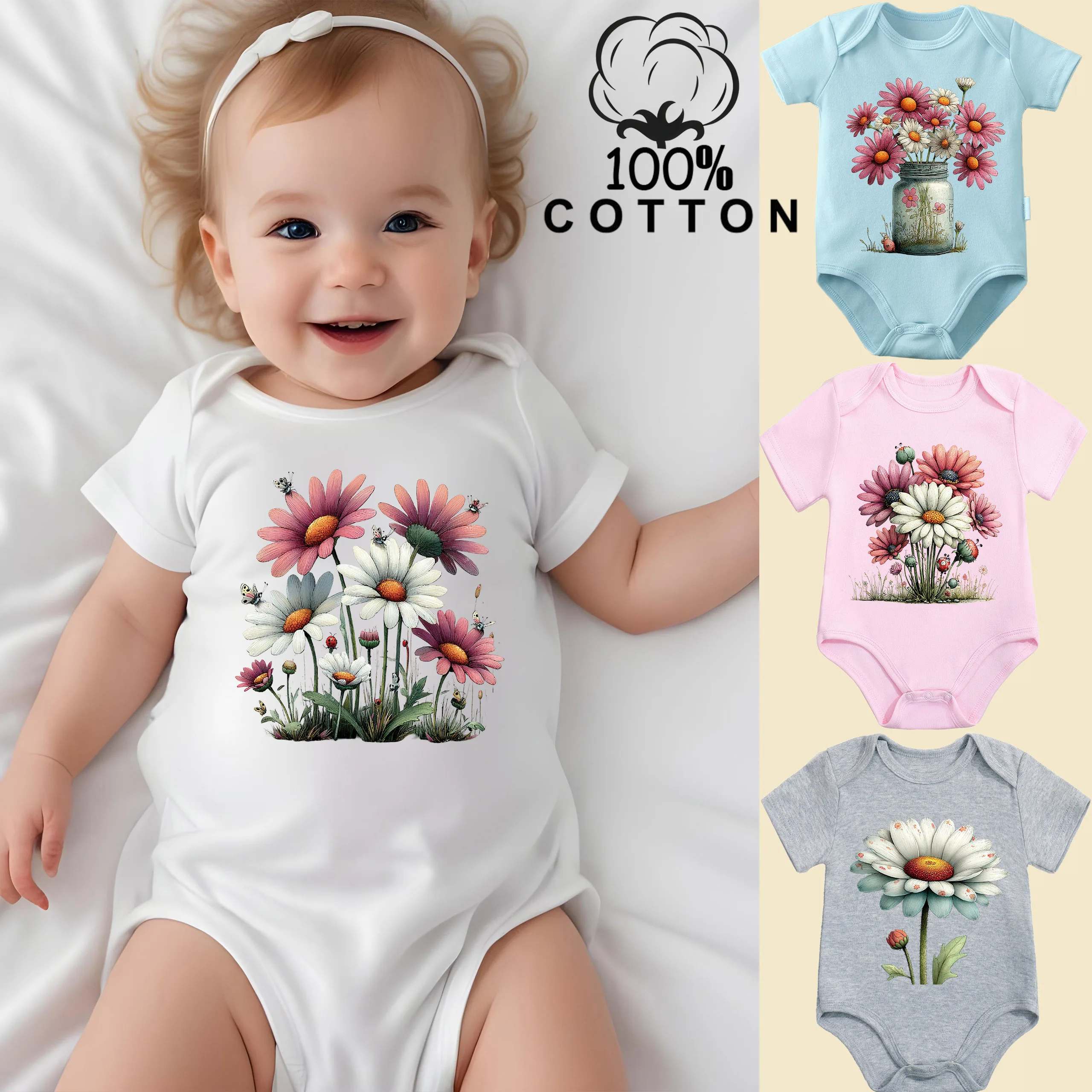 

Боди из 100% хлопка с ярким цветочным принтом для новорожденных от 0 до 12 месяцев: удобный комбинезон для малышей к весеннему сезону