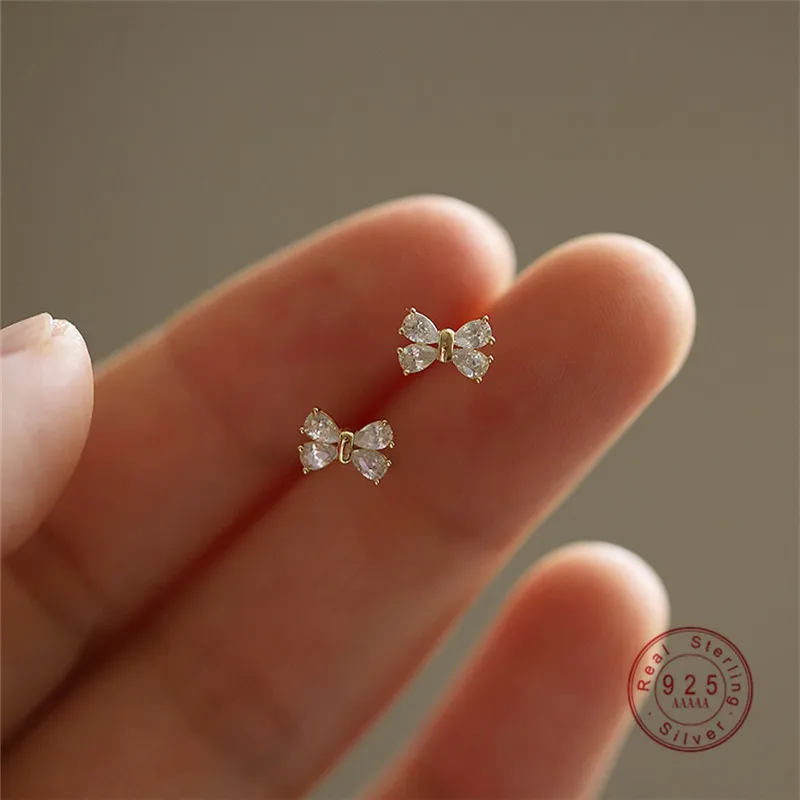 Sweet Small Bowknot Zircon Stud Earrings For Women 925 Sterling Silver Simple Charming Girlfriend Gift Jewelry