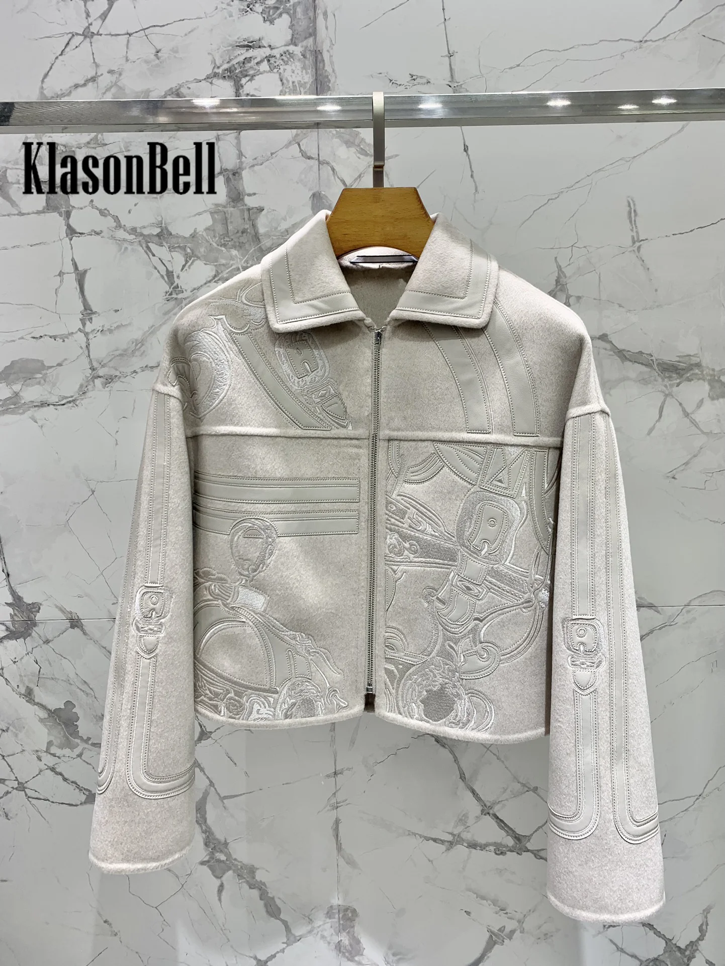 10.17 KlasonBell Women Clothes Fashion Leather Buckle Pattern Embroidery Zipper Jacket Lapel Loose Casual Cashmere Short Coat