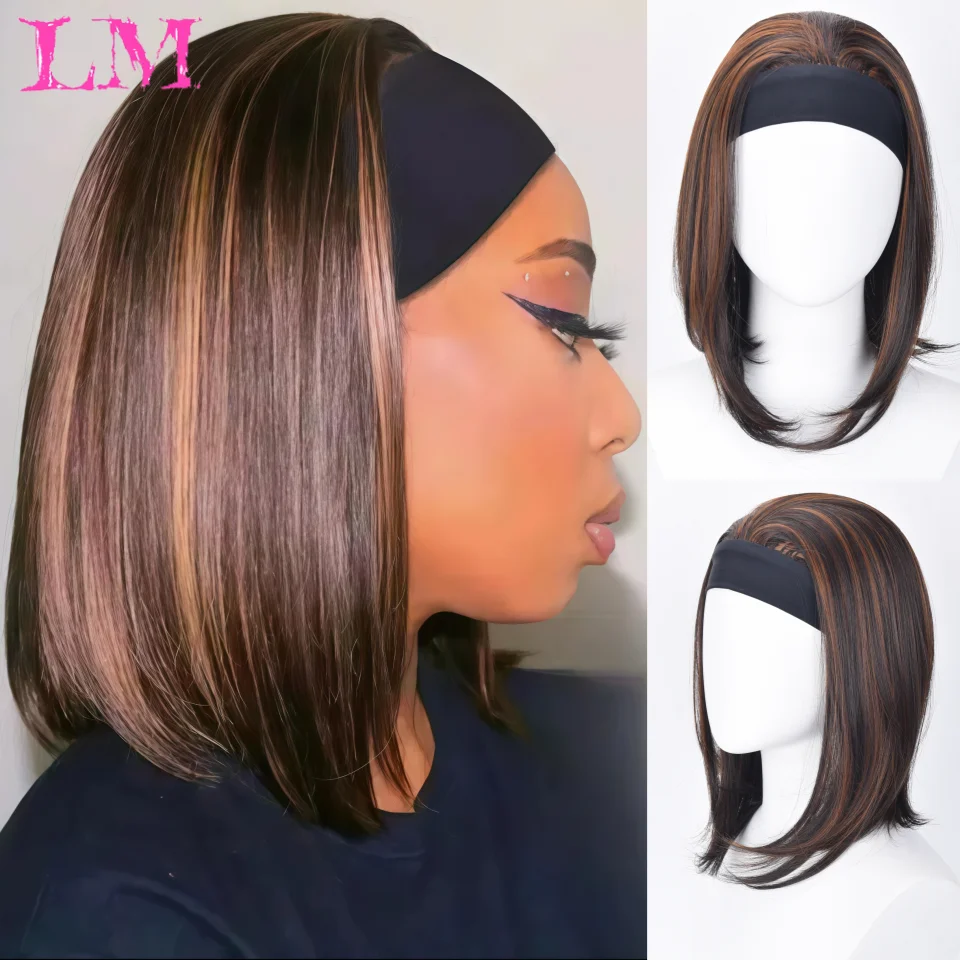

LM Headband Wig For Women Mixed Brown Ombre Bob Wig Straight Synthetic Heat Resistant Wig With Headband For Daily Party Use