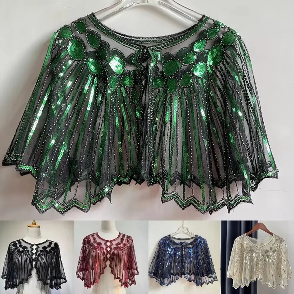 

Beaded Decoration Women's Sequins Shawl Mesh Short Cover Evening Cape Vintage Up Dress Accessory Flapper Party Shawl Ladies
