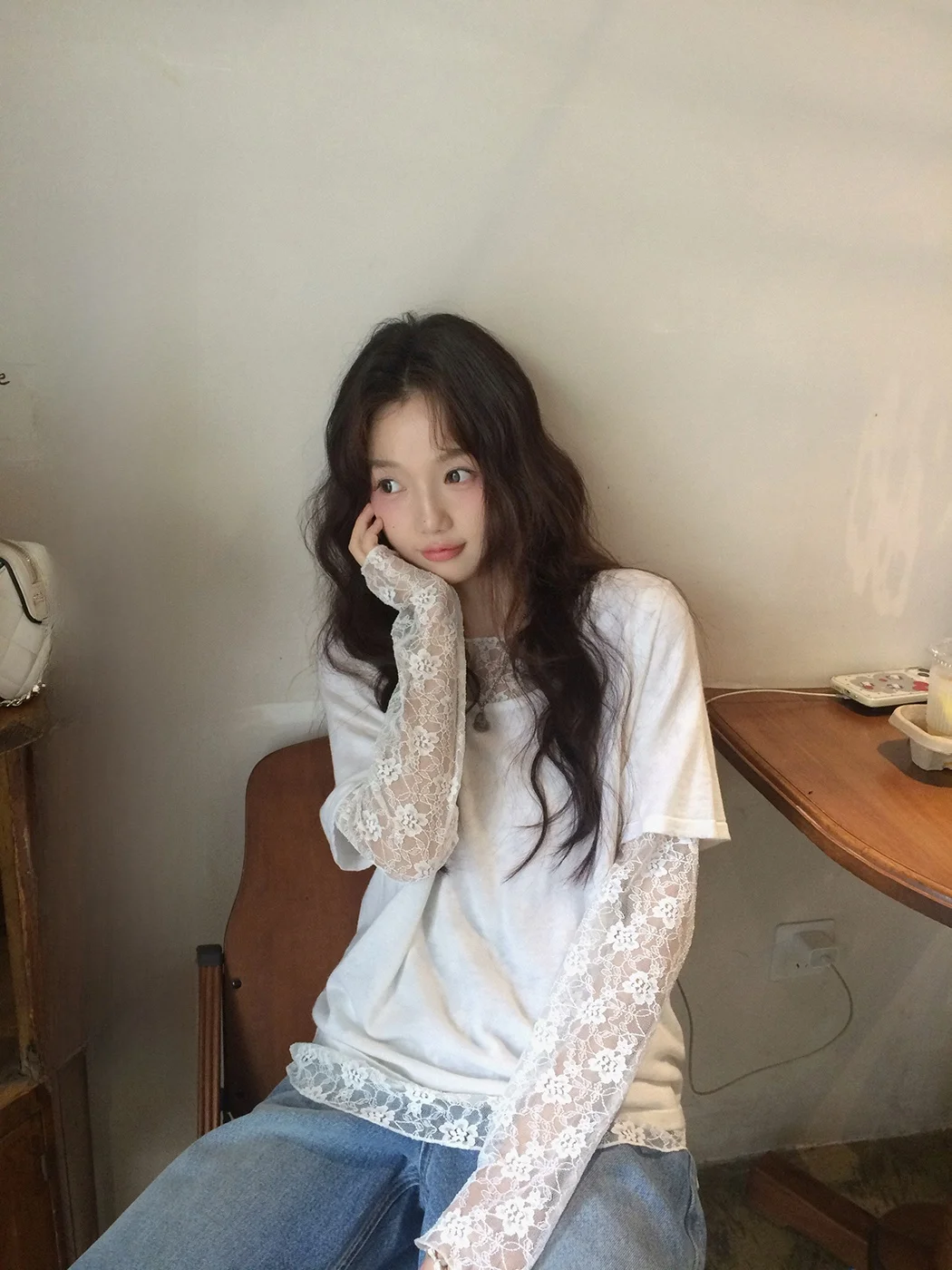 

Ibell Zhang Beibei Wool Knitted Long Sve Lace Embroidery Boting Top Women's Casual Loose Fit oulder Design T-irt