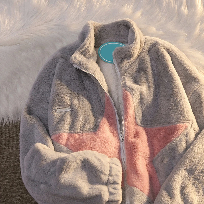 Women's Lamb Fleece Autumn and Winter New American Splice High Quality Design Sense High Street Fashion Loose Plush Coat