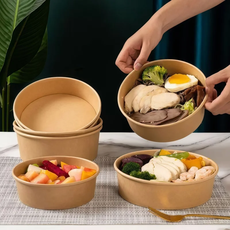 50Pcs 500/750/1000ml Disposable Thick Kraft Paper Bowls, No Lids,Waterproof Oil Proof Food Containers,Salad Kraft Paper Bowl