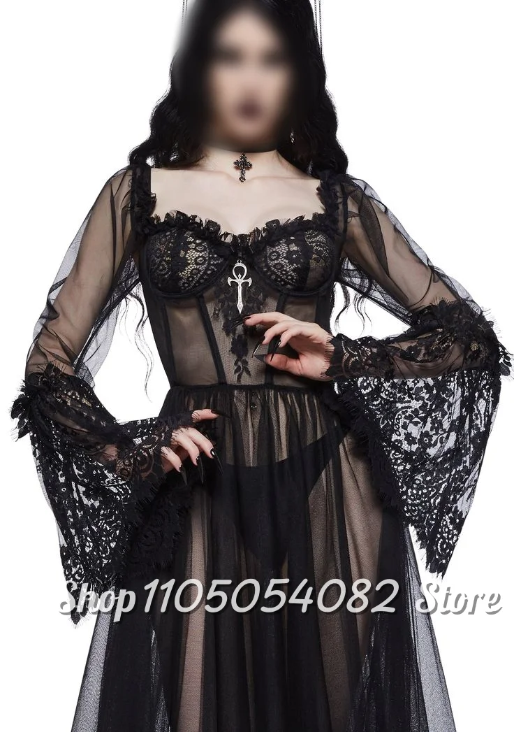 Vestido de noche Vintage gótico negro personalizado Halloween V tul politécnico encaje manga larga A-Line hasta el suelo vestidos de graduación