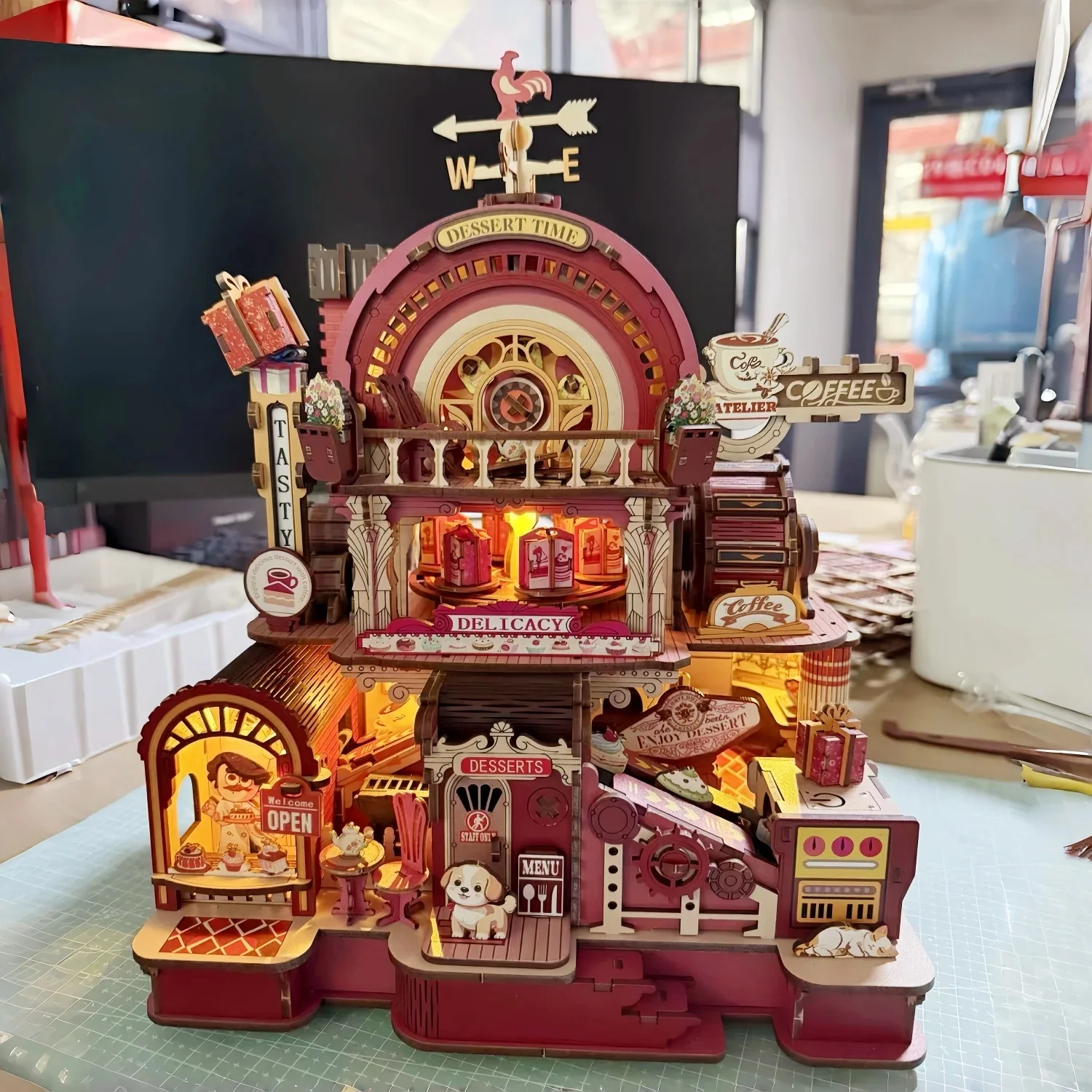 DIY Wooden Dessert Atelier Miniature Building Kit - Rotating Mechanical Dollhouse Furniture Set for Birthday Gifts for Friends
