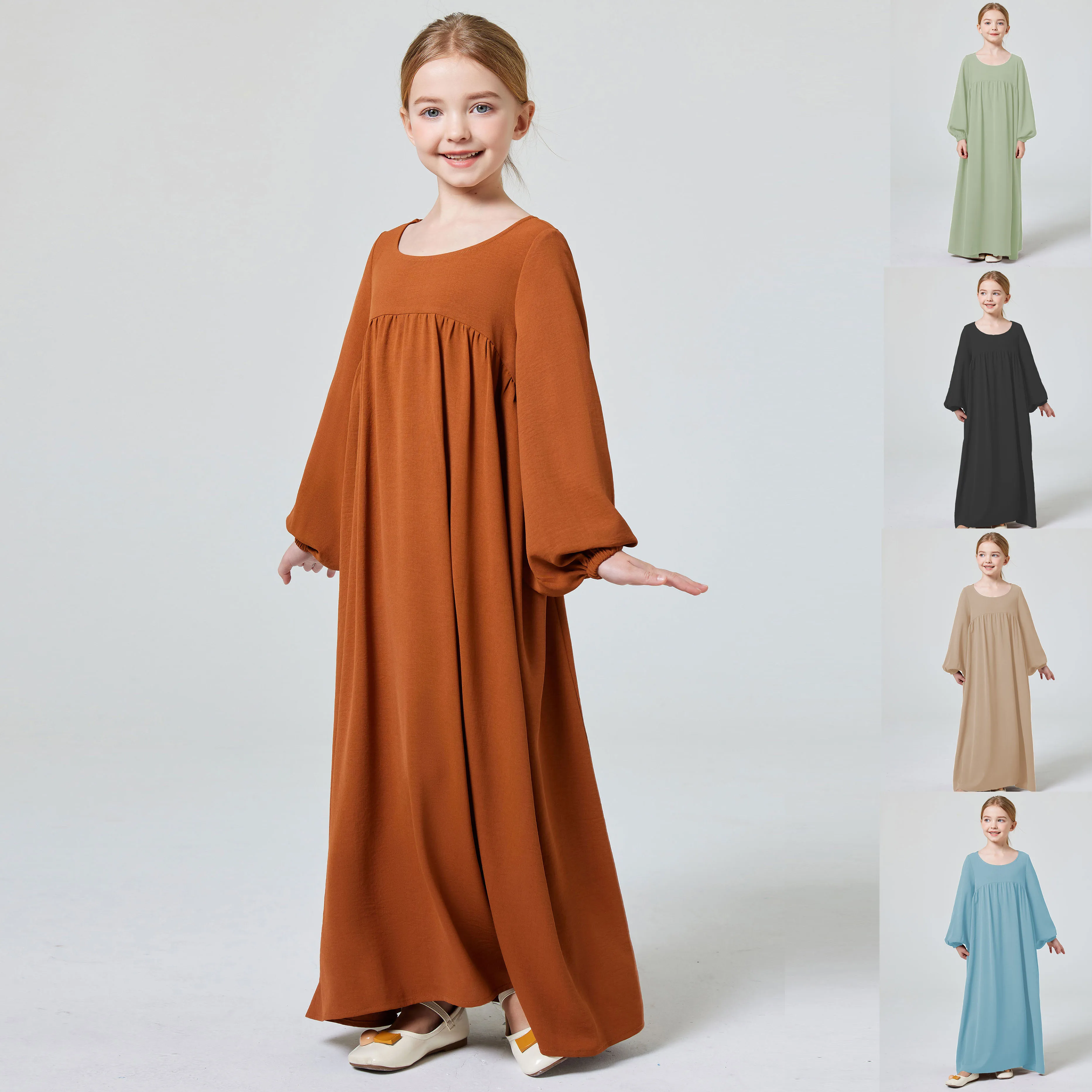 

Kids Abaya Ramadan Muslim Dubai Elegant Girl's Solid Crew Neck Long Sleeve Kaftan Kebaya Dress For Party Pray Gift