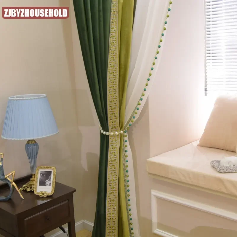 

American vintage dark green velvet curtains for living room bedroom European blackout patchwork section High-end with texture