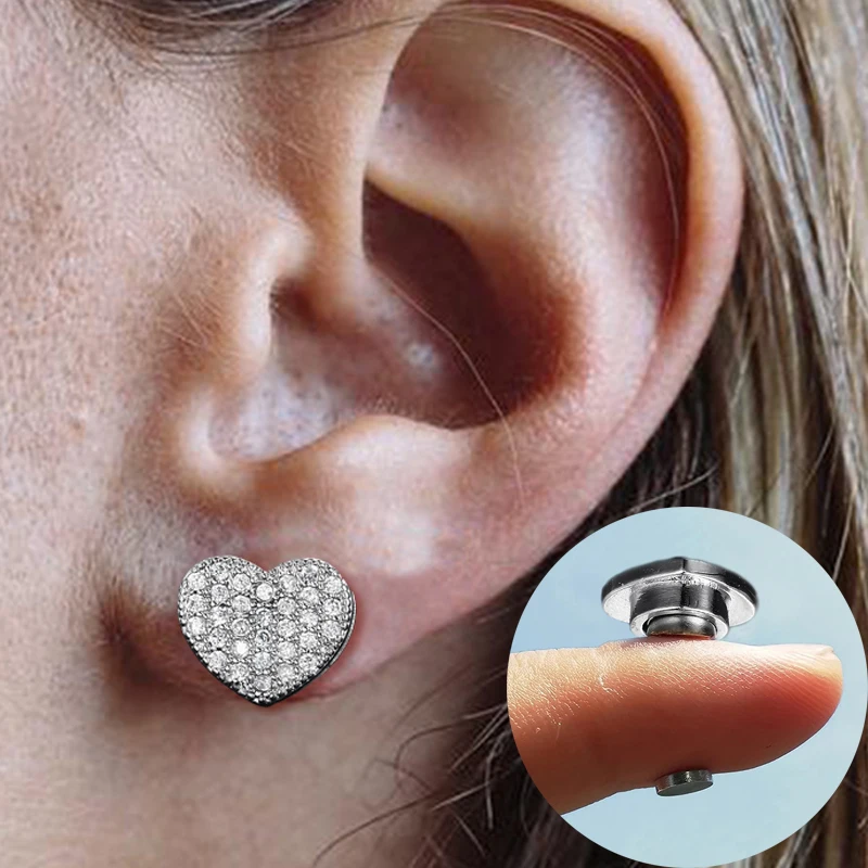 Iced Out Zircon Heart Ear Clip Strong Magnetic Hip Hop Punk Silver Color Fake Piercing Magnet Earrings For Women Men OHE190-3