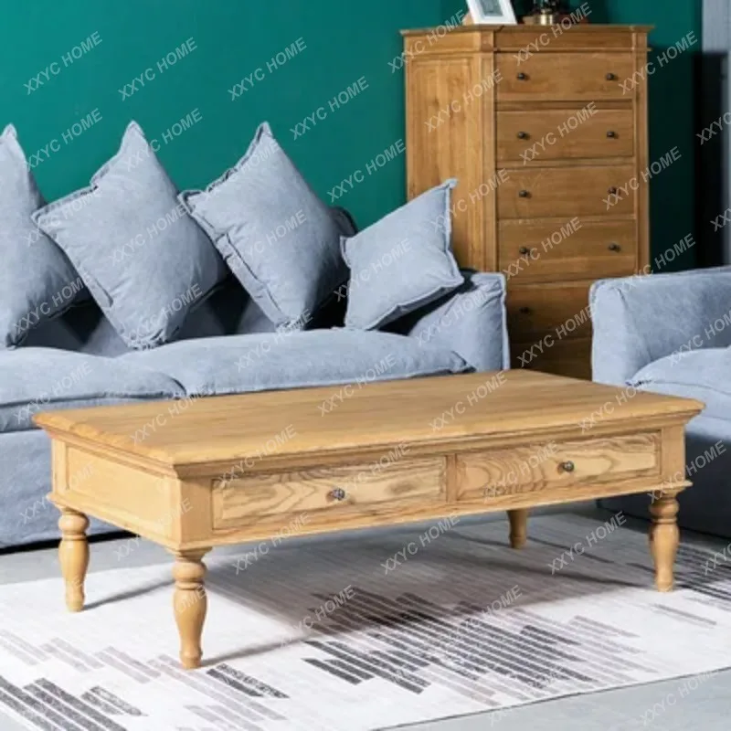 XX Country Style Solid Wood Living Room Coffee Table with Drawers,  Light Luxury Retro Oak Wood Coffee Table