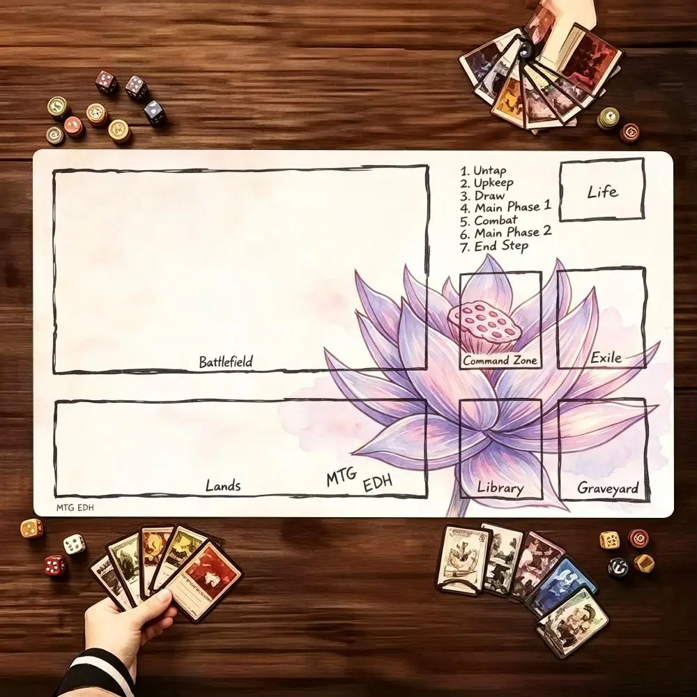 Purple Lotus Extended Game Playmat Non‑Slip Table Surface Fantasy Flower Layout Card Game Pad For Tabletop Gaming Sessions