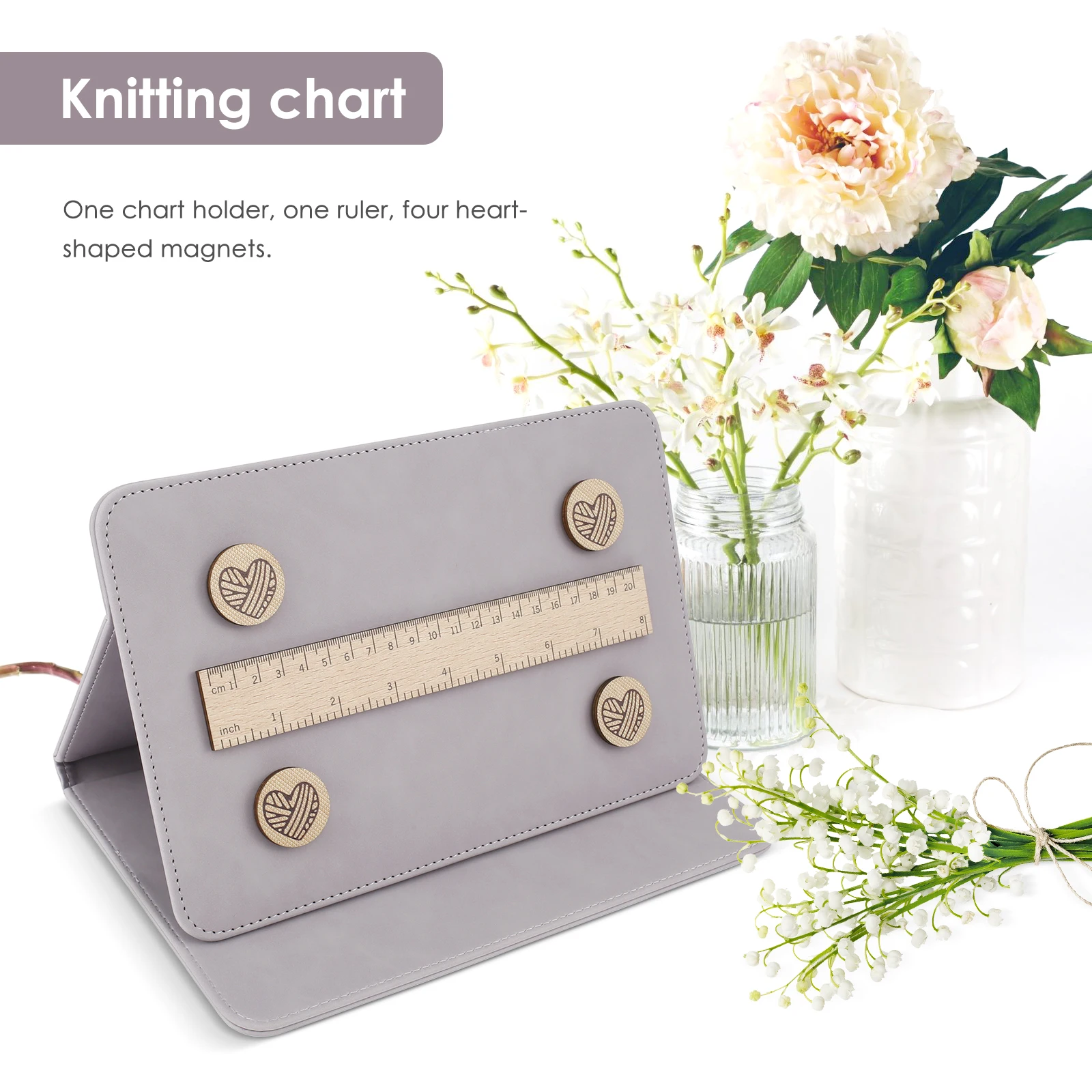 Chart Holder Knitting Tool Foldable Knitting Pattern Holder with Heart Shaped Magnets and Ruler 7×10.2 Inch Handicraft Tools