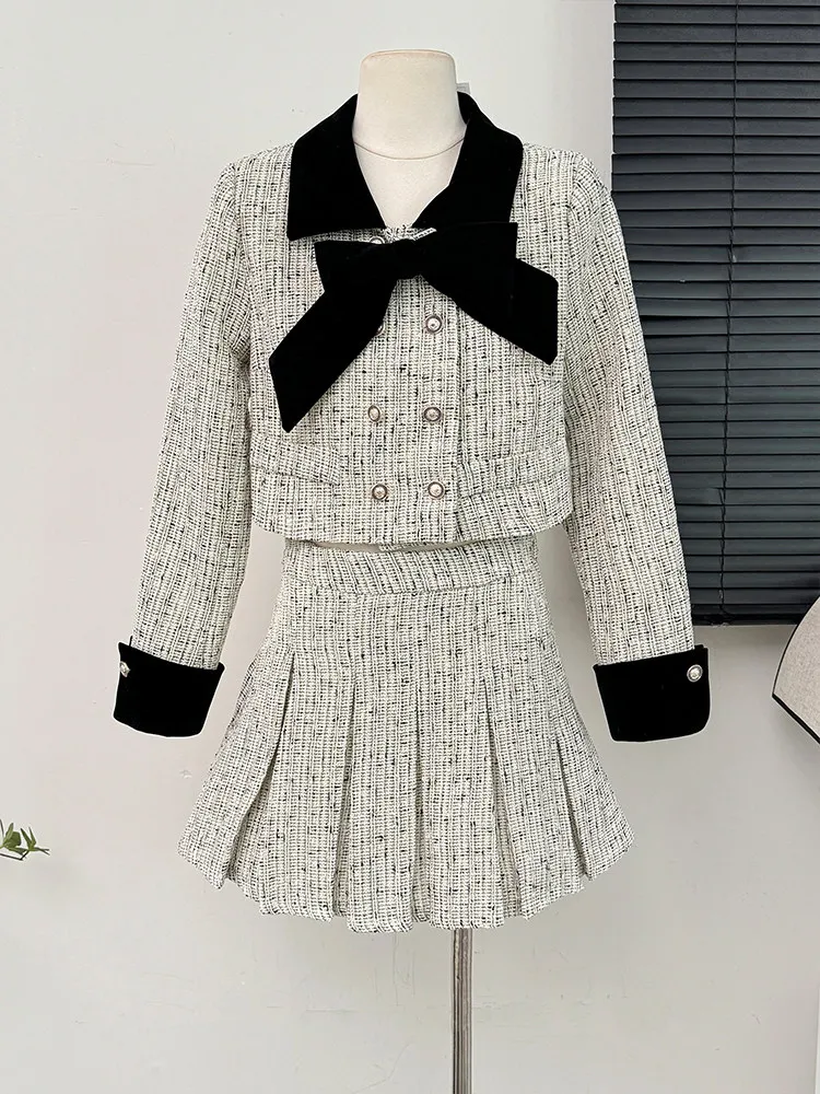 French Style Elegant Tweed Two Piece Set Women Color Block Lapel Collar Bow Short Jacket+High Waisted A-Line Pleated Skirt