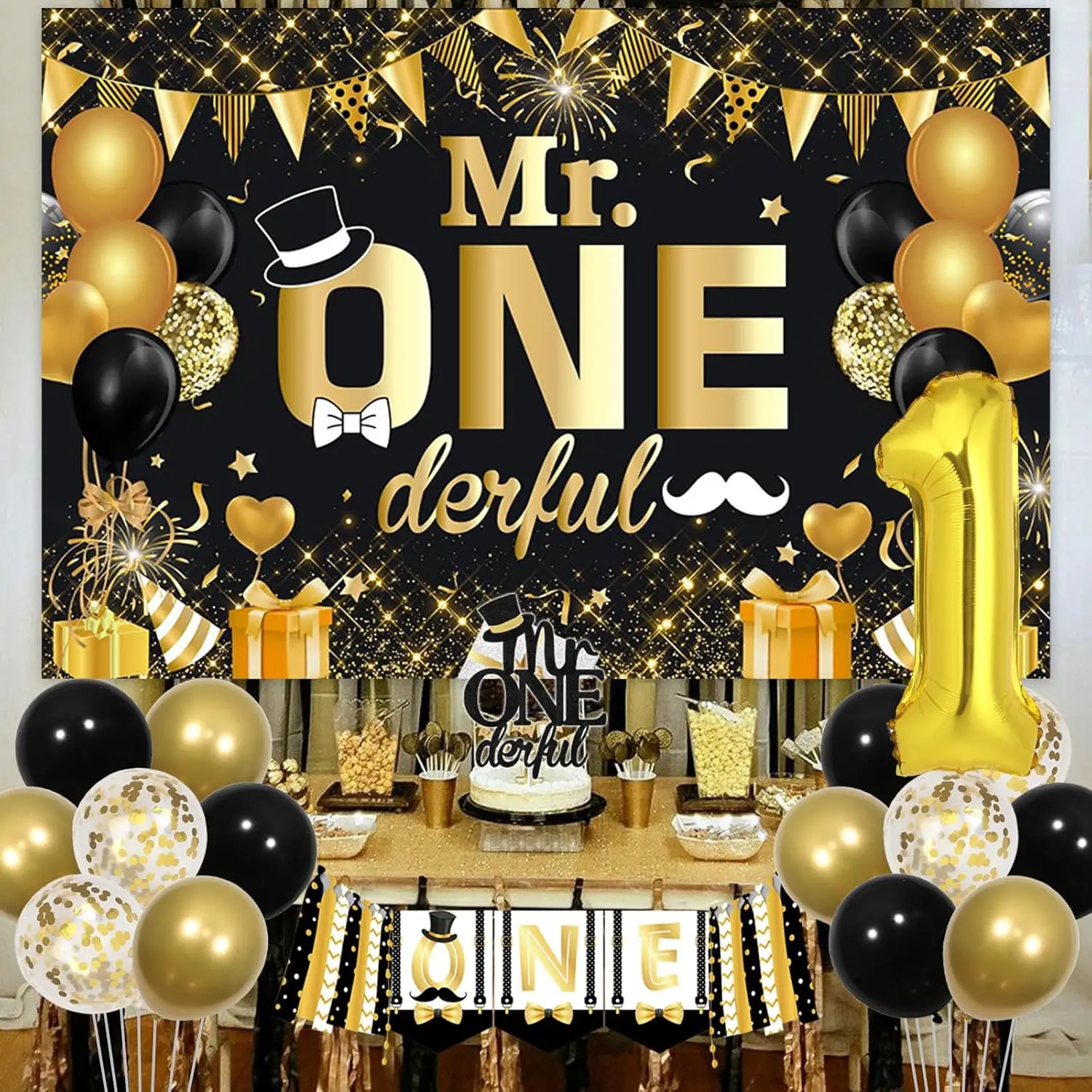 Sursurprise Mr Onederful Birthday Decor 1st Birthday Backdrop Banner High Chair Banner Bow Tie Balloons Party Supplies Decor