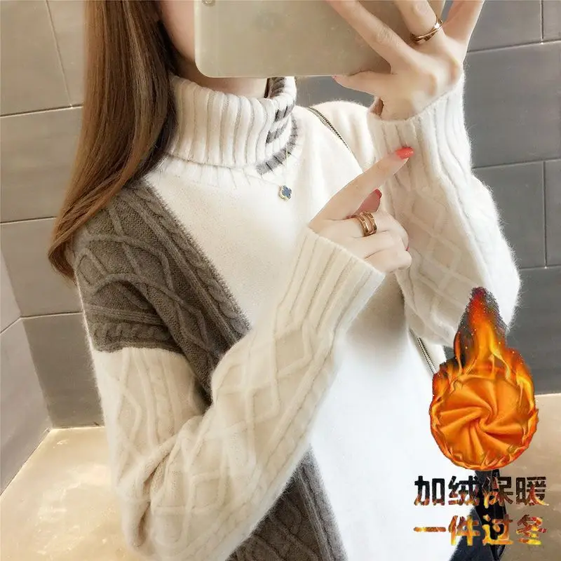 

High Collar Plush Sweater Fried Dough Twists Thickened Color Contrast Loose Outer Pullover Underlay Knit