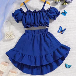 Summer Girl Suspender Dark Blue Solid Color Bubble Sleeve Top+Ruffle Edge Skirt Beach Party Fashion Two-Piece Set