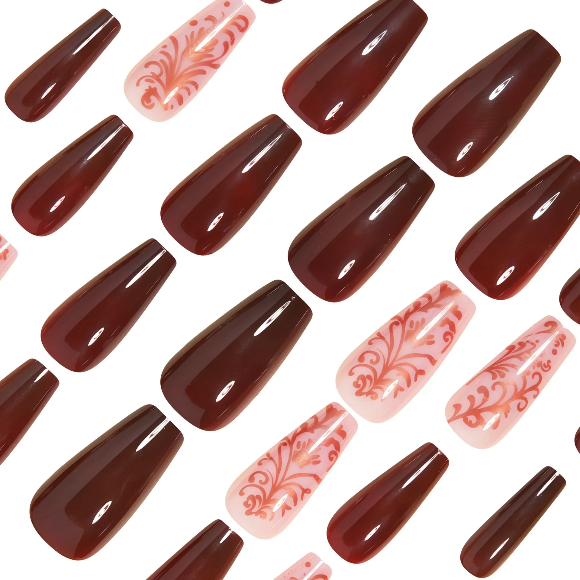 24 pçs vintage rosa ouro floral unhas falsas borgonha 3d gravado design unhas falsas luxo elegante quadrado imprensa em unhas para mulher