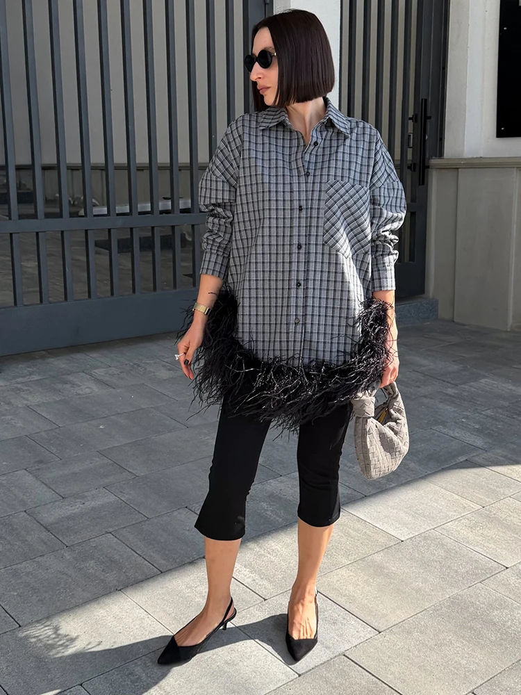 Women Retro Lapel Collar Plaid Shirt Chic Detachable Feather Hem Single Breasted Casual Lazy Style Blouse Lady Loose Streetwear
