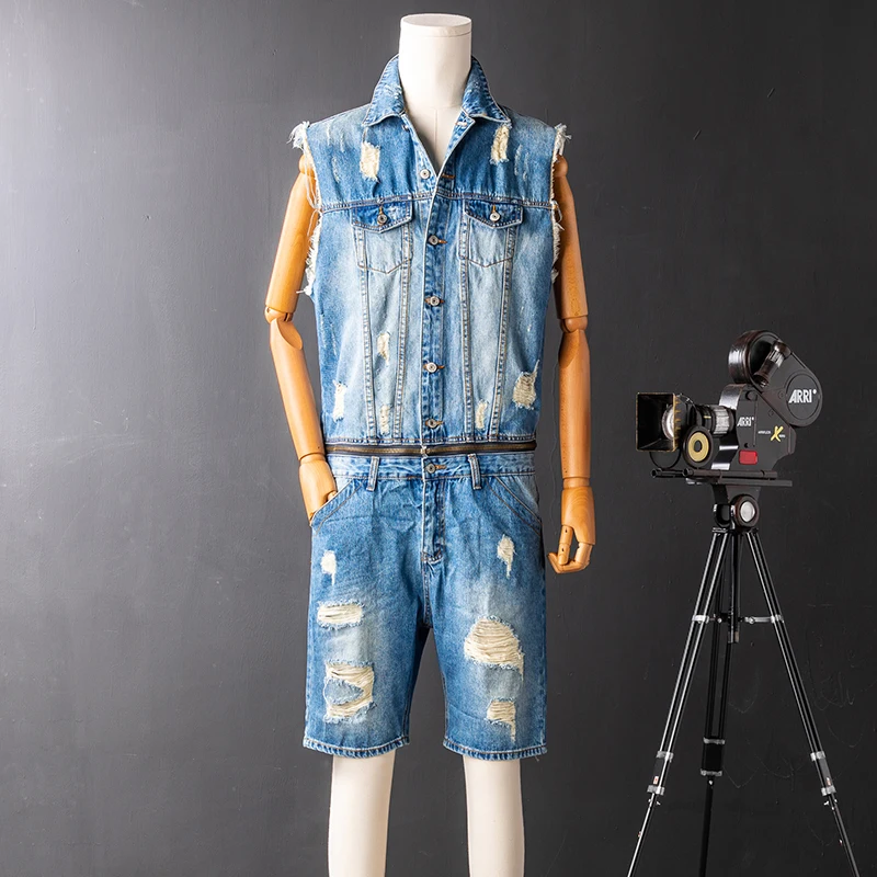 

Light Blue Men's Denim Jumpsuit Summer oulder Pad Vest Set One-Piece ort Pants ort Sve Faionable Youth Clothing