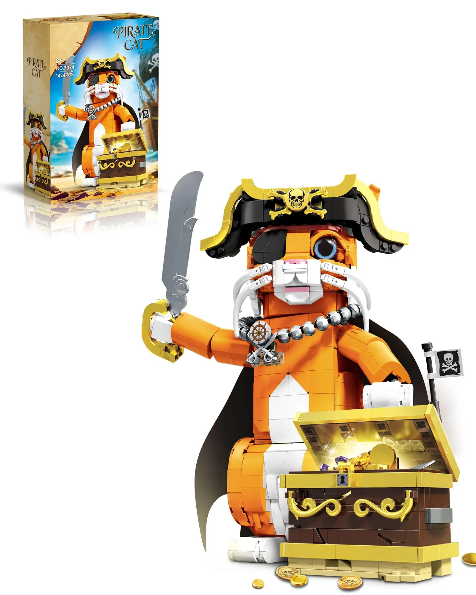 

Pirate Captain Cat Building Block Set Orange cat with a treasure chest and pirate hat the perfect gift for animal lovers 1424pcs