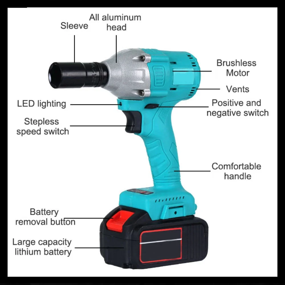 88V 48V Electric Impact Wrench Brushless Cordless Electric Wrench 1/2 Inch Screwdriver Power Tools Compatible Makita Battery