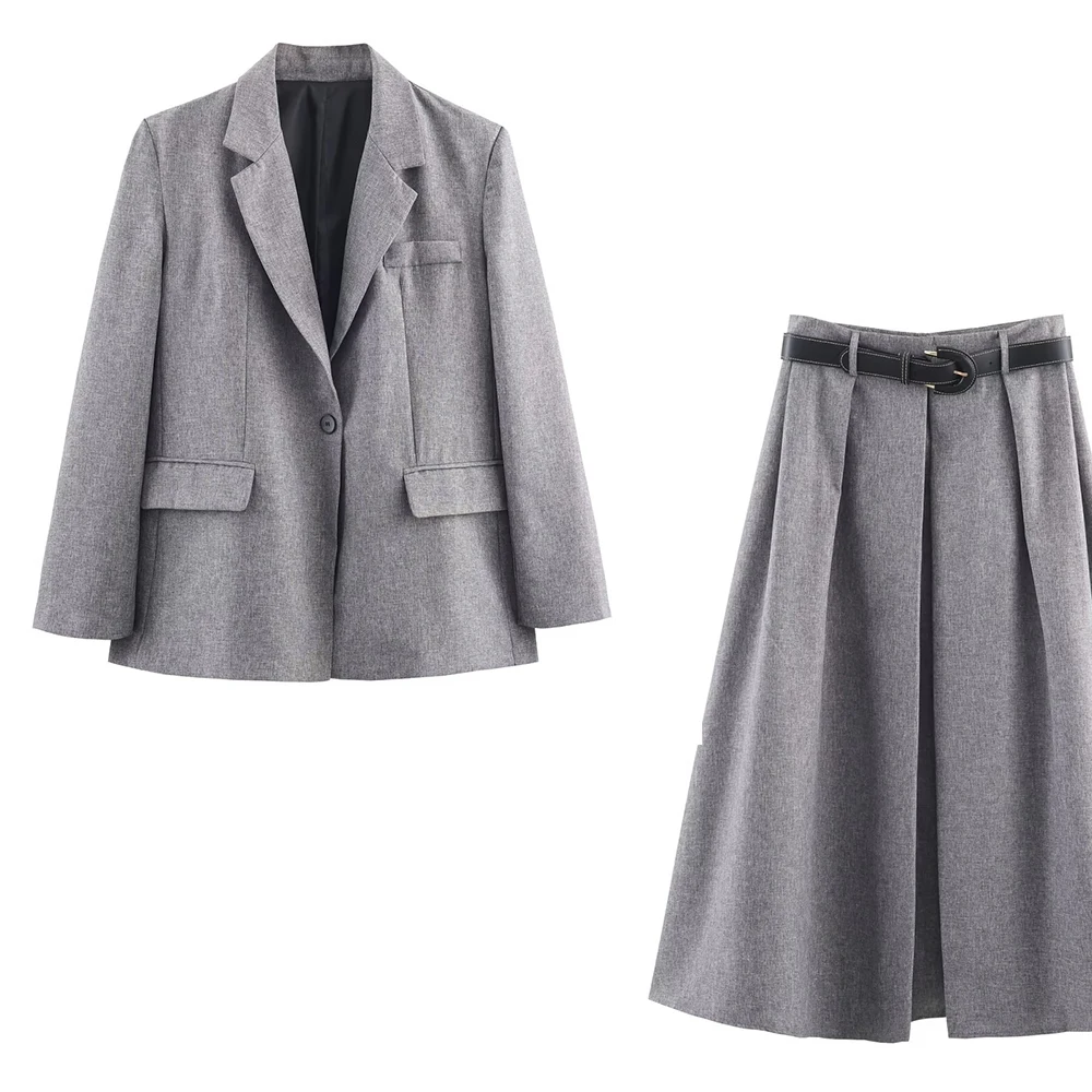 Winter new women's shoulder padded herringbone patterned suit jacket with belt pleated MIDI skirt set