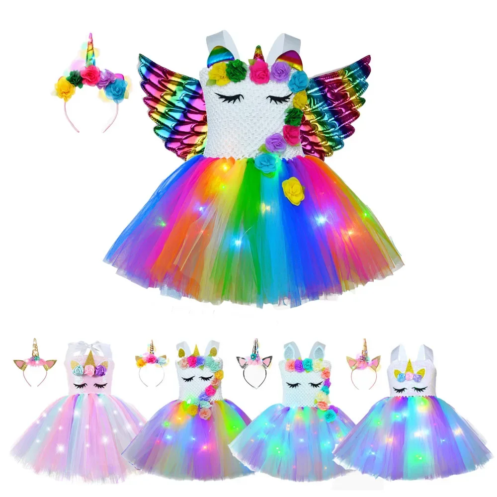 Princess Girls Shiny Unicorn TUTU Dress Children Cartoon with LED Glowing Dresses Wings Headband Stage Costume for Girl Party