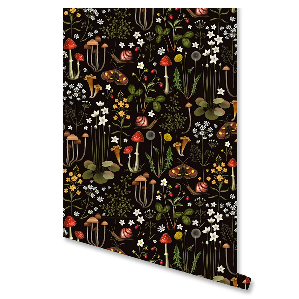 

Black Forest Plant Animals Wallpaper Mushroom Floral and Butterfly Contact Paper Waterproof for Vanity Home Cabinet Wall Decor