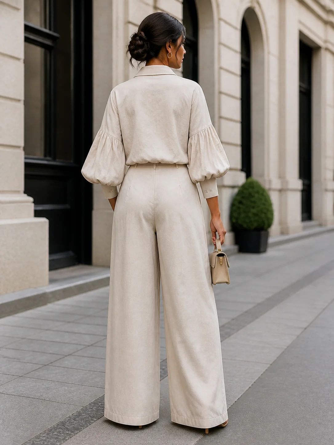 Women’s Casual Chic Two Piece Outfit, Puff Sleeve Collar Shirt with High Waisted Wide Leg Pants for Travel and Street Style, Ele