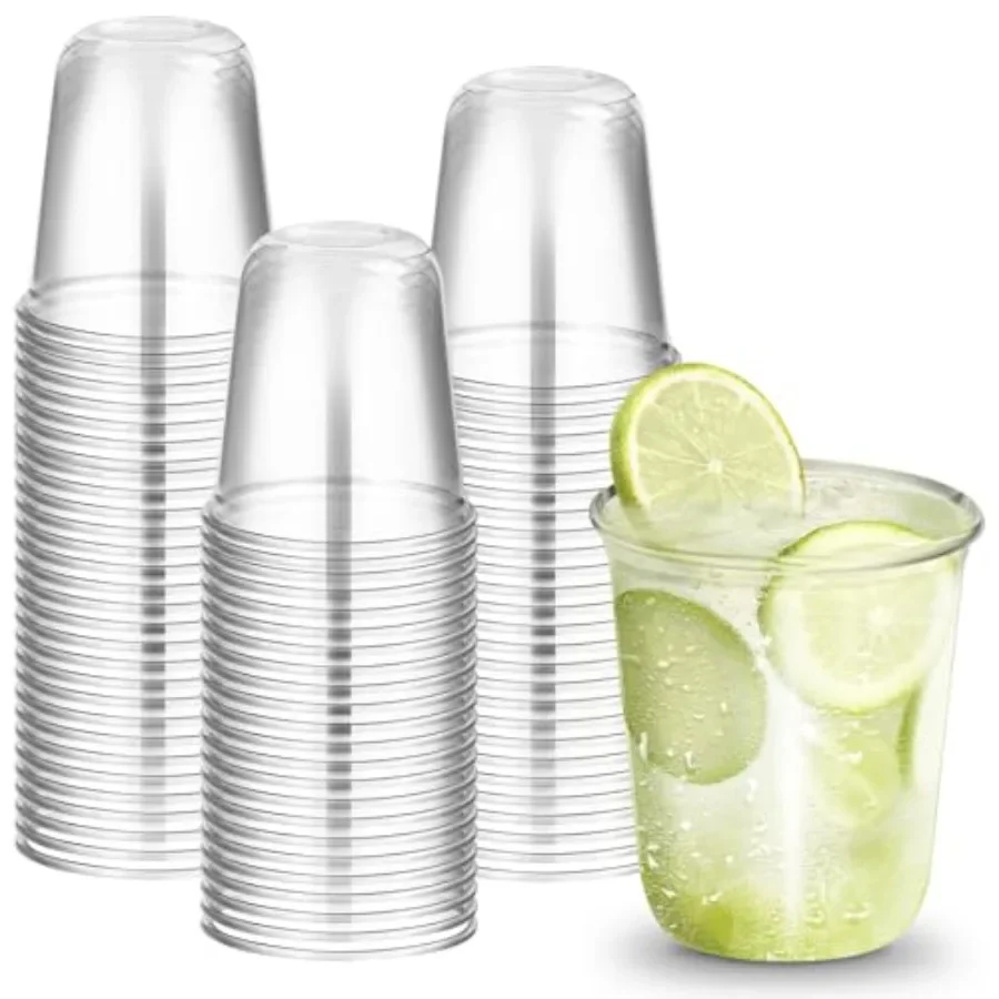 50 PCs Clear Round Bottom Plastic Cups, Disposable Stemless Wine Glasses, Iced Coffee Cups for Cold Drinks, Juice, Boba Tea, Sm