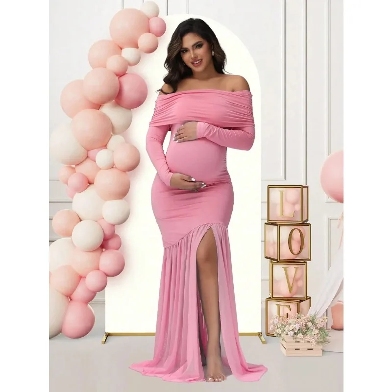 Umstandskleider für Fotoshooting, schulterfrei, mit Schlitzen, Fischschwanzsaum, Babyparty-Kleidung für schwangere Frauen, Abendparty, elegantes Kleid