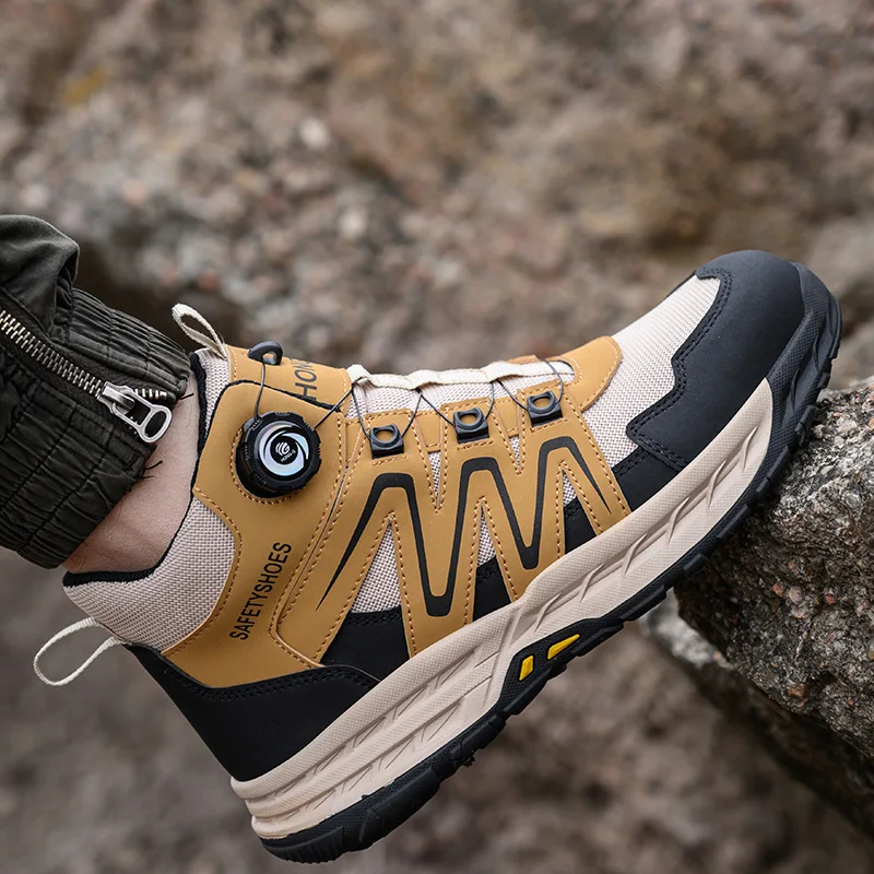 Construction Work Shoes Steel Toe Anti Shock Rotating Button Work Shoes Puncture-proof Outsole Slip Resistant Hiking Boots