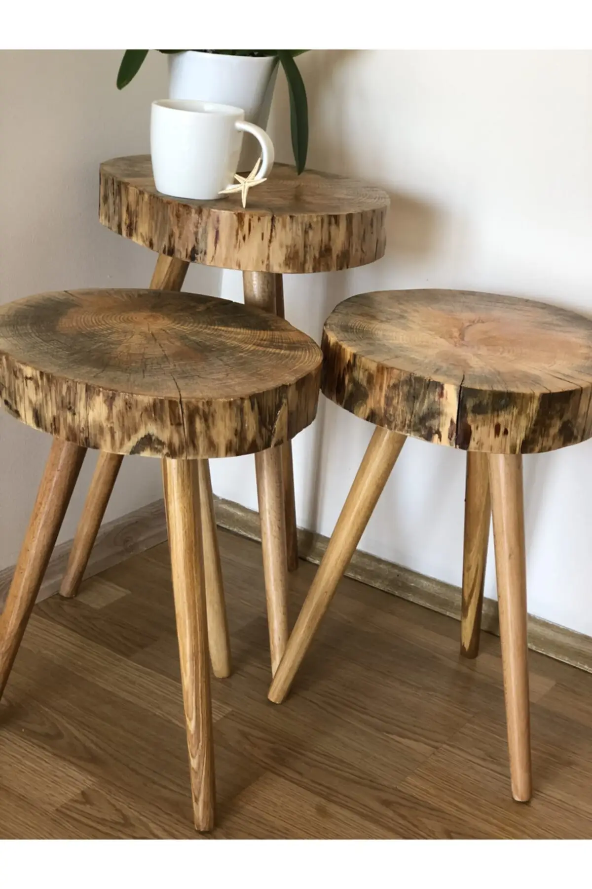 Braun 3'lü Runde Natürliche Holz Log Zigon Kaffee Tisch