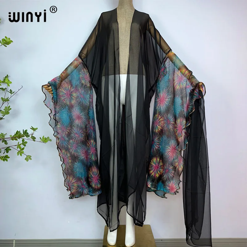 WINYI summer fashion print Women coat Long Dress elegant Party Boho maxi beach Swimming Cover Up Sexy perspective fashion kimono