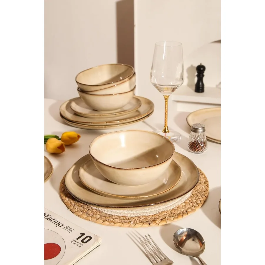 Decosignature Modern 12Piece Ceramic Dinnerware Set for 4 Microwave Dishwasher and Oven Safe Kitchen Plates and Bowls Stackable