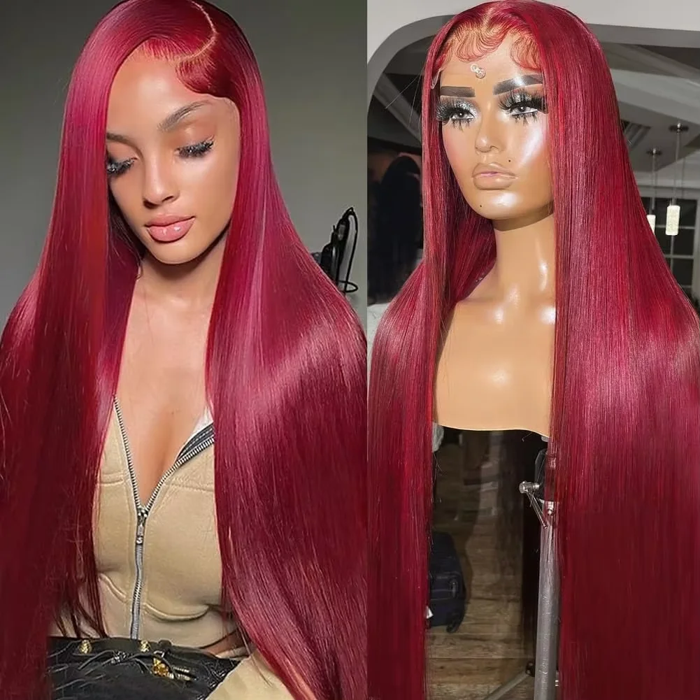 

99J Burgundy Colored Straight 200 Density 13x4 Lace Front Wig 99J Red Color Human Hair 13x6 HD Full Lace Frontal Wigs 44 46 Inch