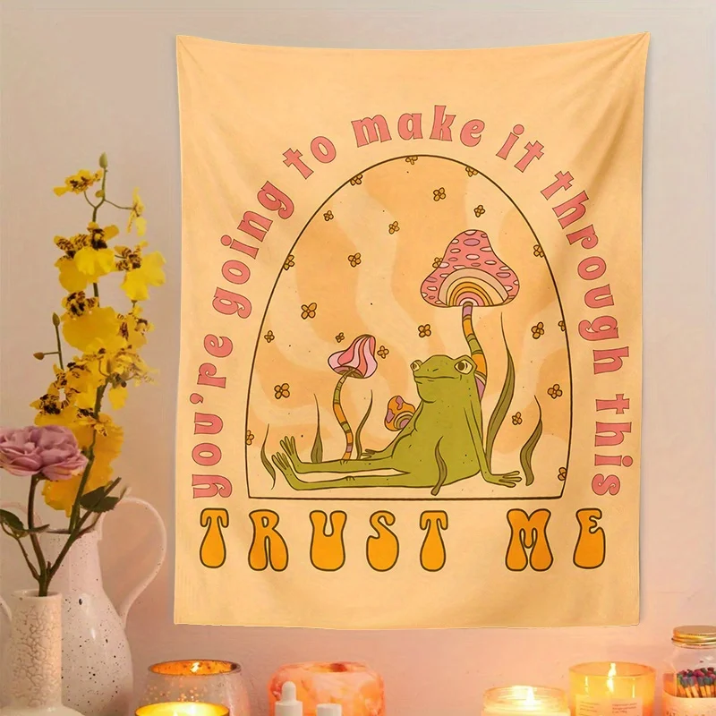 VIKAMA Retro Healing Mushroom Frog Tapestry, Inspirational Text You're Going To Wall Hanging for Bedroom Living Room