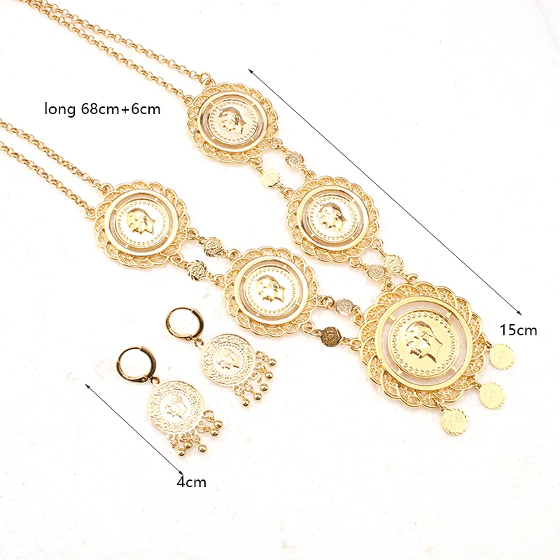 New Women\'s Jewelry Set Large Size Turkish Coin Pendant Muslim Islamic Necklace Women\'s Earrings Jewelry for Woman Earring